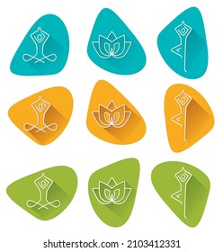 Yoga flat icons with long shadow. 
Yoga line art icons set. Modern symbols for info graphics or web use. Vector available.