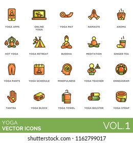 Yoga flat vector icons. Apps, online, mat, namaste, aroma, hot, retreat, buddha, meditation, ginger tea, pants, schedule, mindfulness, teacher, enneagram, tantra, block, towel, bolster, strap.