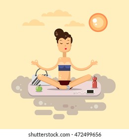 Yoga flat vector. Woman sitting on the mat. Sport and relaxation. Yoga pose - stock vector.