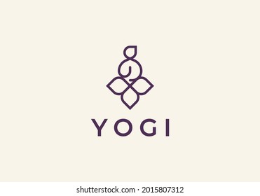 Yoga with flower logo. Wellness health spa line icon. Meditation symbol. Zen harmony balance sign. Vector illustration.
