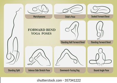 Yoga forward bend poses set in gesture drawing line with posture name.