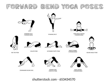 Yoga Forward Bend Poses Vector Illustration Monochrome