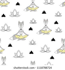 Yoga fox in relax on white background vector seamless pattern