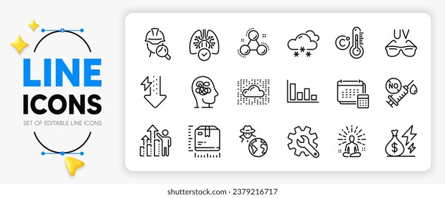 Yoga, Fraud and Customisation line icons set for app include Employee results, Sunglasses, Energy drops outline thin icon. Electricity price, Snow weather, Anxiety pictogram icon. Vector