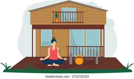 Yoga in the fresh air. Happy sports activities on the terrace of the house. The girl is engaged in meditation on the porch of the house. Fitness exercises, healthy lifestyle. Vector illustration.