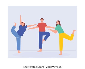 Yoga con amigos, estirando el cuerpo y la emoción juntos. Diseño de personajes. Ilustración plana de Vector