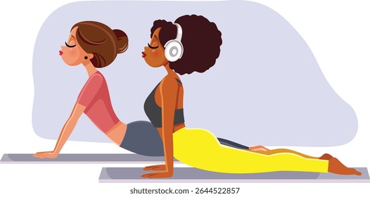 
Yoga Friends Working Out Together Vector Cartoon Illustration. People exercising together doing Pilates poses 
