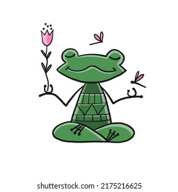 Yoga frog meditate in lotus pose. Isolated on white background. Cartoon for your design