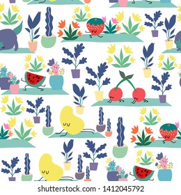 Yoga fruits in a seamless pattern design, that can be used, on the web, or in surface design, for bed sheets, pillow cases
