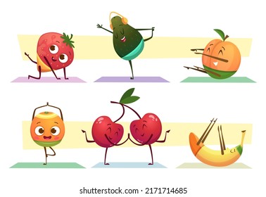 Yoga fruits. Workout exercises funny sport characters healthy fruits stretching relaxing exact vector cartoon active poses