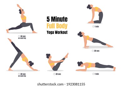 Yoga full-body 5-minute workout training set.  Young woman planking exercise isolated. Vector flat style illustration