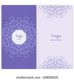 Yoga gift certificate. Vector template with mandala