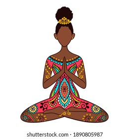 Yoga girl. African american woman doing yoga. 
Ornament Meditation pose. India ethnic vector illustration style. Black woman lotus Yoga pose with mandala
 svg