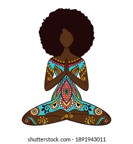 Yoga girl. African american woman doing yoga. 
Ornament Meditation pose. India ethnic vector illustration style. Black woman lotus Yoga pose 
