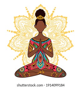 Yoga girl. African american woman doing yoga. 
Ornament Meditation pose. India ethnic vector illustration style. Black woman lotus Yoga pose with mandala

 svg