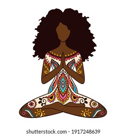 Yoga girl. African american woman doing yoga. Ornament Meditation pose. India ethnic vector illustration style. Black woman lotus Yoga pose 
 svg
