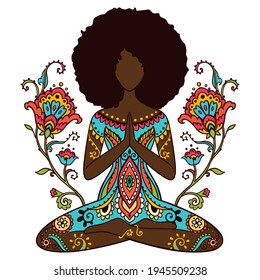 Yoga girl. African american woman doing yoga. Ornament Meditation pose. India ethnic vector illustration style. Black woman lotus Yoga pose with flowers
