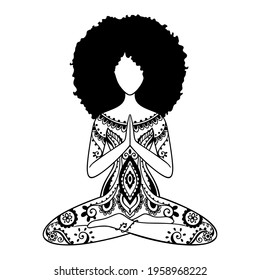 Yoga girl. African american woman doing yoga. 
Ornament Meditation pose. India ethnic vector illustration style. Black woman lotus Yoga pose 
