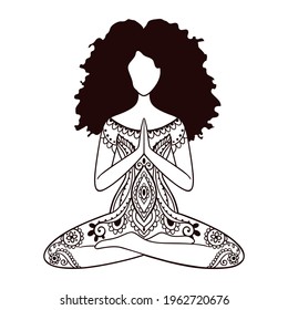 Yoga girl. African american woman doing yoga. 
Ornament Meditation pose. India ethnic vector illustration style. Black woman lotus Yoga pose 
