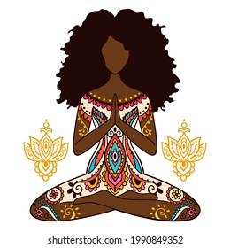 Yoga girl. African american woman doing yoga. 
Ornament Meditation pose. India ethnic vector illustration style. Black woman lotus Yoga pose 
