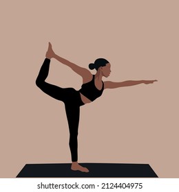 Yoga girl. African american woman doing yoga poses. Black woman natarajasana yoga pose. Healthy lifestyle. Fashion illustration by femininity, beauty and mental health. Pilates, fitness.  Vector.