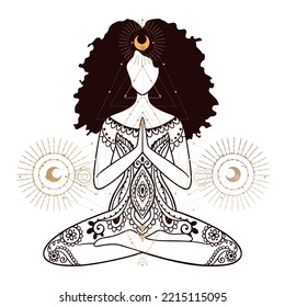 Yoga girl. African american woman doing yoga. 
Ornament Meditation pose. India ethnic vector illustration style. Black woman lotus Yoga pose 
