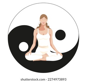 Yoga girl. The girl does yoga in the lotus position against the background of the yin and yang symbol. A symbol of justice and balance. The concept of balance, meditation and yoga. Faceless style.