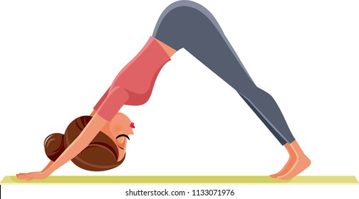 Yoga Girl in Down Dog Pose Exercising on Mat. Vector drawing of a fitness woman in Pilates position on yoga mat
