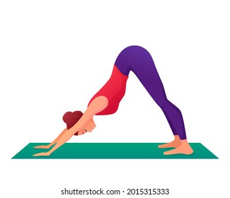 Yoga girl in downward dog pose. Yoga asanas and postures. Vector illustration in cartoon style. Isolated on white background. Sports and stretching
