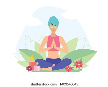 Yoga girl with facial mask practicing yoga asana