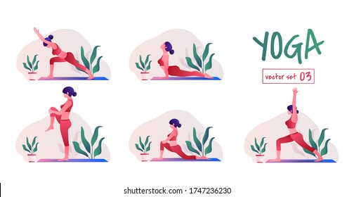  yoga girl at home. Female yoga exercises. Relaxation and meditation, Creative poster or banner design with illustration of woman doing yoga for Yoga Day Celebration