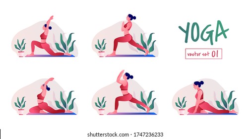  yoga girl at home. Female yoga exercises. Relaxation and meditation, Creative poster or banner design with illustration of woman doing yoga for Yoga Day Celebration