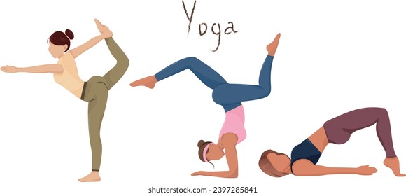 Yoga girl illustration, vector clipart of women workout. A young girl is standing in yoga pose. Graphic Female poseclip art set.