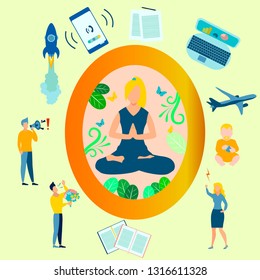 Yoga, the girl in the lotus position is closed from the problems. All the distractions are gone flat. In minimalist style. Cartoon Vector Illustration