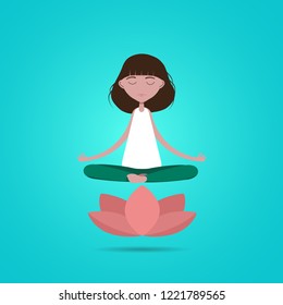 Yoga girl in lotus position over a lotus flower. Vector illustration