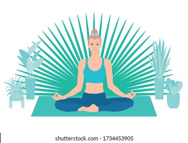 Yoga. Girl in the Lotus position. Stretching, body plastic. Harmony of soul and body, relaxation and meditation. Insight. Occupation at home or in the hall, on the Mat. Around the house plants. Blue.