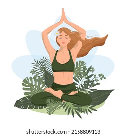 Yoga. Girl in lotus position. Woman going yoga.