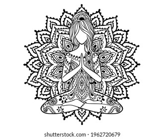 Yoga Girl Mandala. Ornamental Feminine Vector Illustration. Medallion Yoga Lotus Pose India Arabic Style. Buddhism Zen Consept. Coloring Book