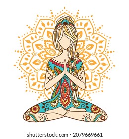 Yoga Girl with Mandala. Ornamental feminine Lotus meditation. Vector illustration on ethnic style. International yoga day card. Fitness Concept