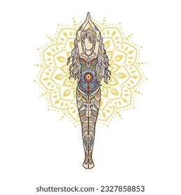 Yoga Girl with Mandala. Ornamental feminine Lotus meditation. Vector illustration on ethnic style. International yoga day card. Pose woman