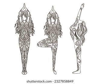 Yoga Girl with Mandala Set. Ornamental feminine Lotus meditation. Vector illustration on ethnic style. International yoga day card. Pose woman