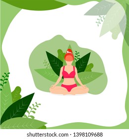 Yoga Girl Meditate Outdoor in Lotus Position on White Background with Green Leaves Frame. Woman Practicing Yoga. Padmasana Yoga Pose for Relax and Meditation. Cartoon Flat Vector Illustration, Icon