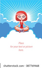 Yoga girl meditating in the sky vector - clouds and retro sunburst background. Buddhist girl practice on clouds. Cute red haired young woman. Self development banner, poster. Place for your text here.