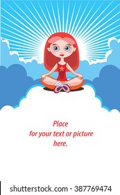Yoga girl meditating in the sky vector - clouds and retro sunburst background. Buddhist girl practice on clouds. Cute red haired young woman. Self development banner, poster. Place for your text here.