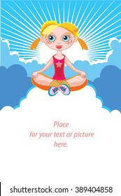 Yoga girl meditating in the sky vector -sitting on clouds. Blue retro sunburst background. Funny little girl practice yoga. Cute blonde young woman - self development banner, poster. Place for text.