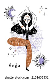 Yoga. A girl in meditation. Sky and moon. Esoteric. Vector.