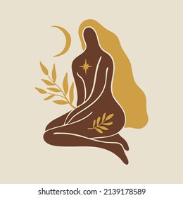 Yoga girl moonchild vector illustration sacred woman wellness art