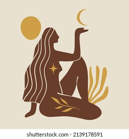 Yoga girl moonchild vector illustration sacred woman wellness art