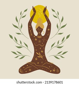 Yoga girl moonchild vector illustration sacred woman wellness art