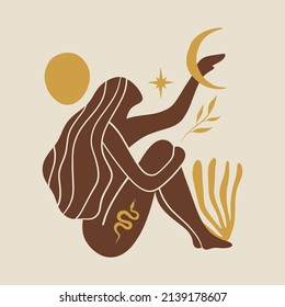 Yoga girl moonchild vector illustration sacred woman wellness art